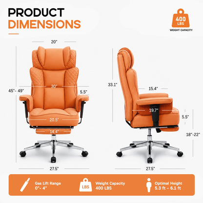 Office Desk Chair, High-Back Big and Tall Leather Chair with Footrest, Ergonomic Reclining Computer Chairs, Comfy Executive Wide Chair with Lumbar Support, Adjustable Padded Armrests, 400LBS (Organge)