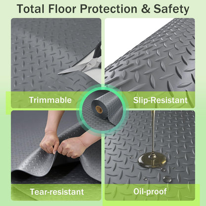 FomanXtre 10x20 FT Gray Garage Floor Mat, 2.8mm Thickened Flooring Roll for Under Car Diamond Plate PVC Rubber Mat with 20 Pcs Tapes, Non-Slip Floor Mat for Garage, Warehouse, Gyms, Trailer