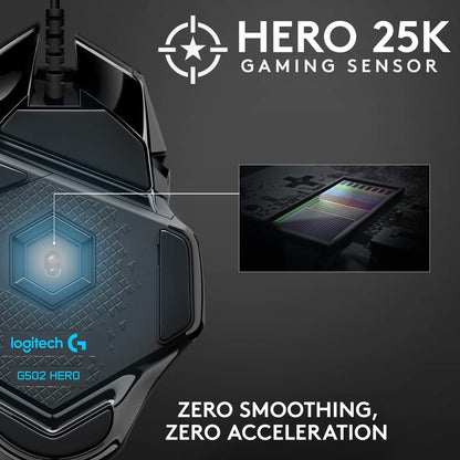 Logitech G502 HERO High Performance Wired Gaming Mouse, HERO 25K Sensor, 25,600 DPI, RGB, Adjustable Weights, 11 Buttons, On-Board Memory, PC/Mac