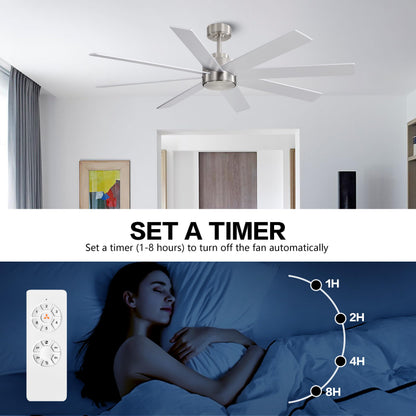 WINGBO 72" Large DC Ceiling Fans without Lights, 3 Downrods, 8 Plywood Blades, 6-Speeds Reversible DC Motor, Indoor Ceiling Fan No Lights for Bedroom Living Room Patio, Brushed Nickel and Silver