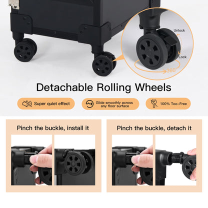 Rolling Portable Manicure Table with 3 Drawers, Lockable Makeup Train Case with Detachable Mirror, Foldable Nail Desk with Wheels & Handle, Mesa de Uñas Profesional para Nail Techs & Salon Use, Black