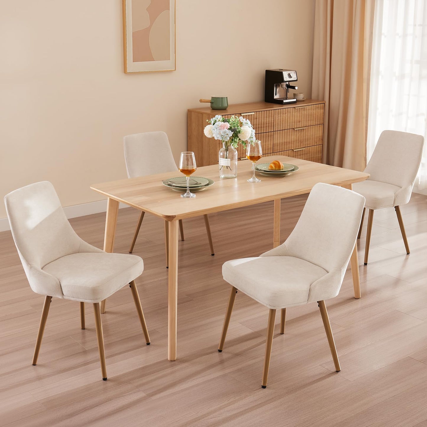 kinmars Modern Upholstered Dining Chairs Set of 4 with Thick Seat Cushion and Curved Back, Fabric Farmhouse Dinner Chair for Kitchen, Dining Room,Cafe (Fabric - Beige, Set of 4)