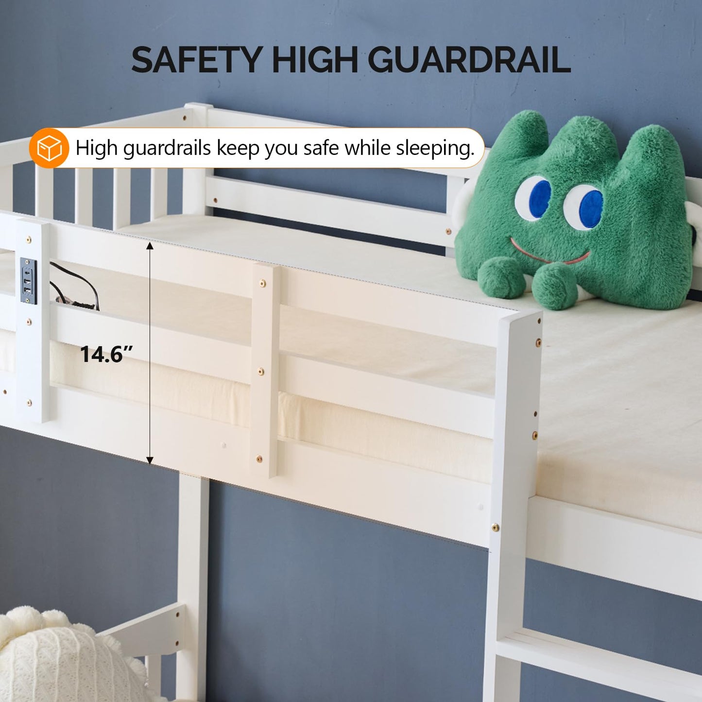 VINGLI Bunk Bed Twin Over Twin with 2 Storage Drawers/RGB LED/Charging Station, Solid Wood Bunk Bed Frame with 15 inches High Safety Guardrail and Ladders for Kids, White