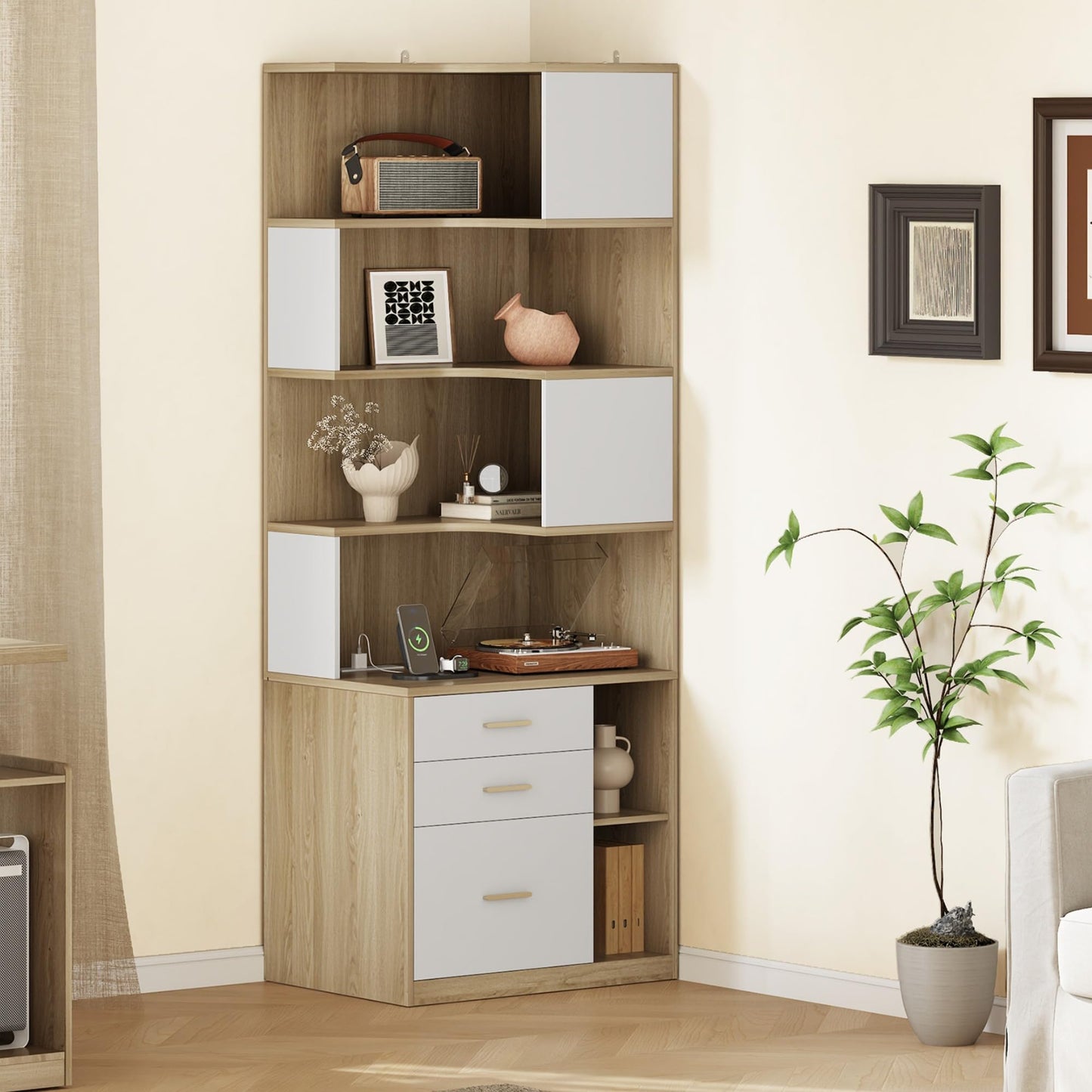 ModernMate Corner Bookshelf with Storage, 74.4" Tall L-Shaped Bookcase with 3 Drawers & AC/USB Charging Station, 7 Tier Wooden Open Display Rack for Living Home Office, Light Walnut
