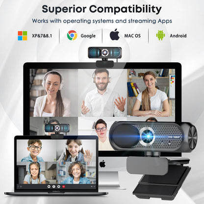 Shcngqio 1080P HD Webcam with Microphone, Noise Cancellation, Privacy Cover, Wide-Angle Lens, Auto Light Correction, Plug & Play USB Webcam for Laptop, Desktop, PC, Mac, Zoom, Skype, Streaming (Black)