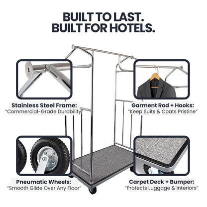Wholesale Hotel Products Chrome Steel Luggage Cart – 800lb Capacity – Bellman Cart w/ 6” Air Filled Tires & Gray Carpet, for Hotel, Resorts, Condos, Commercial Use (Value Valet Series)