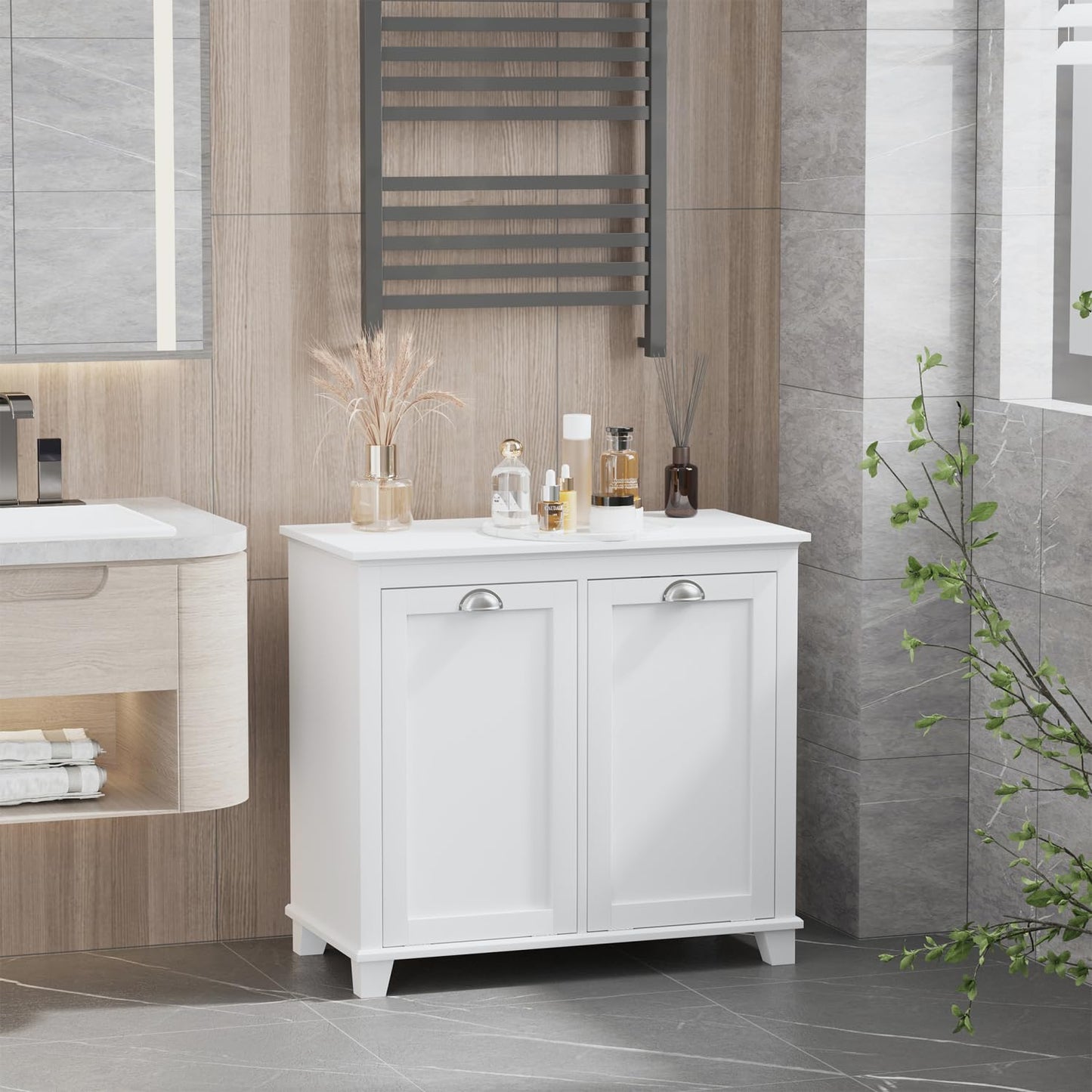 Geelife Tilt-Out Laundry Sorter Bathroom Cabinet, White - MDF White - Front Tilt Out Hamper - Bathroom, Design