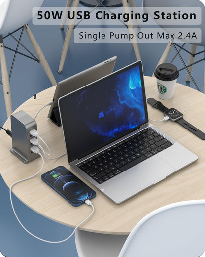 VPSUN USB Charger 6 Port 50W Multi USB Tower Charging Station for Multiple Devices iPhone 15/14/14 Pro/14 Pro Max/13 Pro/13 Pro Max/Android/Samsung/Tablet,etc (Gray, 50W)