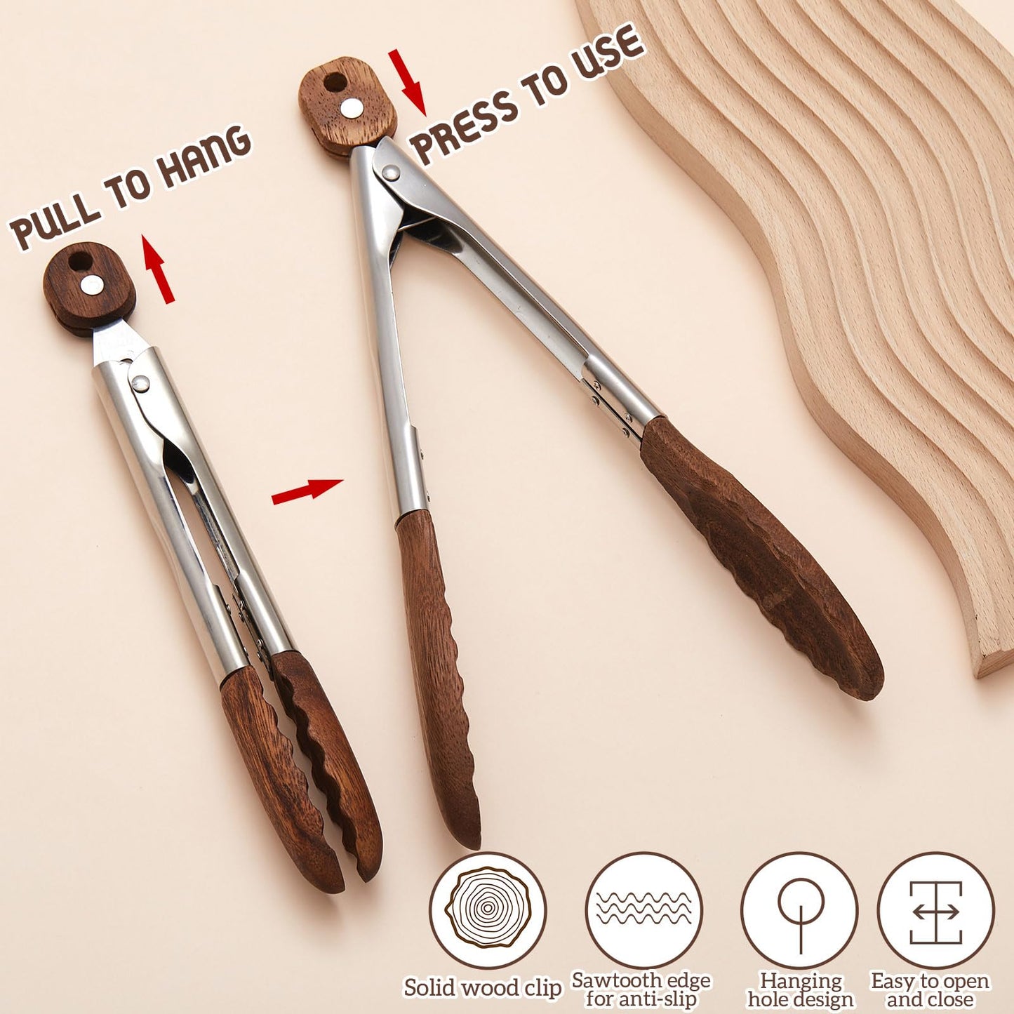 Honeydak 3 Pcs Wooden Tongs for Cooking 7" 9" 12" Wood Tip Serving Tongs with Locking for BBQ Salad Cooking and Grilling, Includes Anti-slip Handle with Hanging Hole