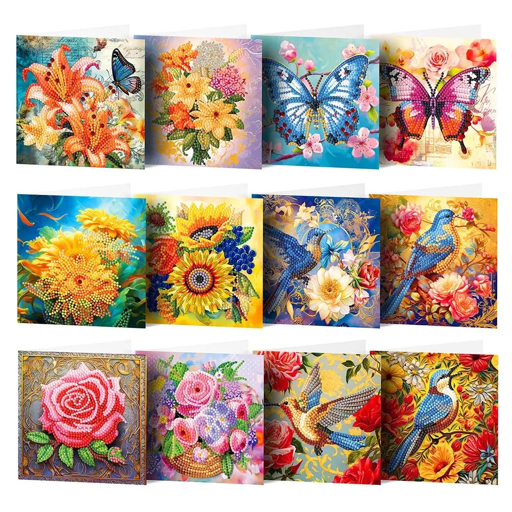 Christmas Cards 5D DIY Diamond Painting Round Drill Greeting Thank You Cards Creative 12 Packs