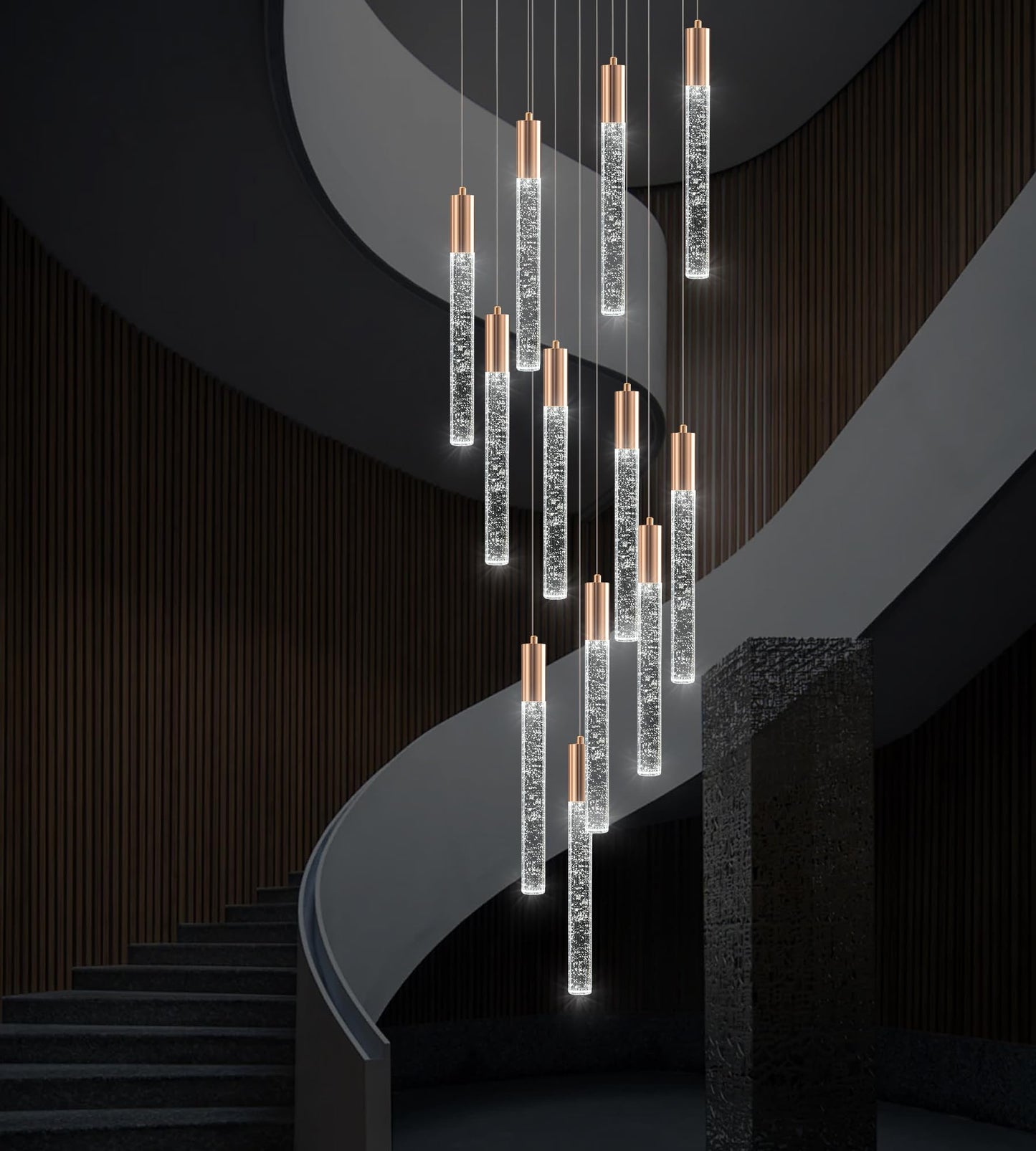 Upfelw Modern High Ceiling Crystal Chandelier 12-Lights, Large Spiral LED Raindrop Foyer Pendant Lighting, Bubble Staircase Living Room Hanging Light Fixture Flush Mount Gold
