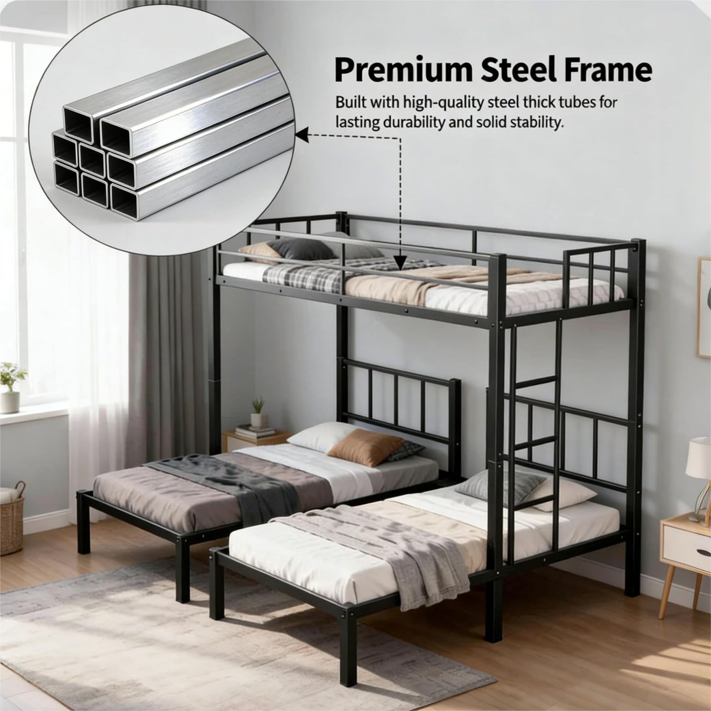 Mixcous Triple Bunk Bed Twin XL Over Twin & Twin, Heavy Duty Metal Bed Convertible to 3 Beds for Teens & Adults, Bunk Bed Frame with Adjustable Ladder, Noise-Free, Ideal for Space-Saving Needs, Black