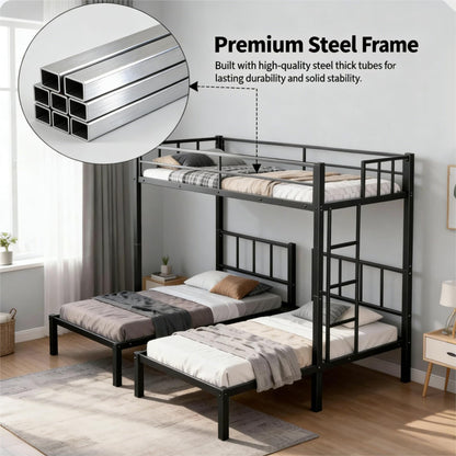 Mixcous Triple Bunk Bed Twin XL Over Twin & Twin, Heavy Duty Metal Bed Convertible to 3 Beds for Teens & Adults, Bunk Bed Frame with Adjustable Ladder, Noise-Free, Ideal for Space-Saving Needs, Black