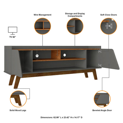 Manhattan Comfort Marcus Mid Century Modern 65 Inch TV Stand with Solid Wood Legs, Cable Management, 5 Shelves and Soft Close Doors, Entertainment Center and Media Console for Living Room, Grey