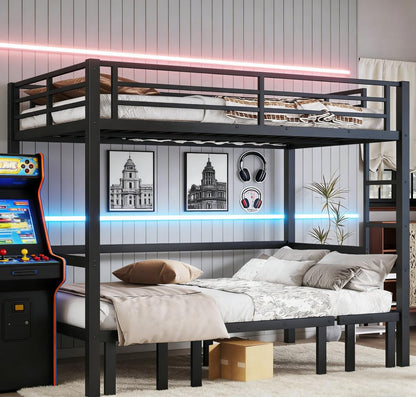 Bellemave Full Over Full Futon bunk Bed, Lower bunk can be Pulled Out in Three Sections, Loft Bed with Sofa for Teens, Adults, Bedroom, Black(Excluding Cushions and mattresses)