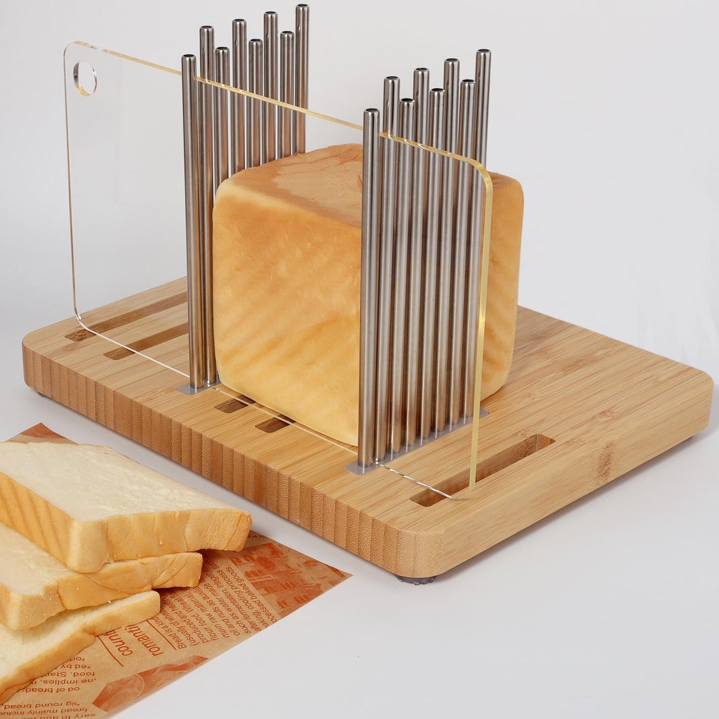 Resbywarm Bamboo Bread Slicer for Homemade Bread,Stainless Steel Slicing Guide for Bread, Adjustable Width, Foldable and Compact Cutting Guide, Bread Slicer for Sourdough Rounds, Bagels, Cake,Toast