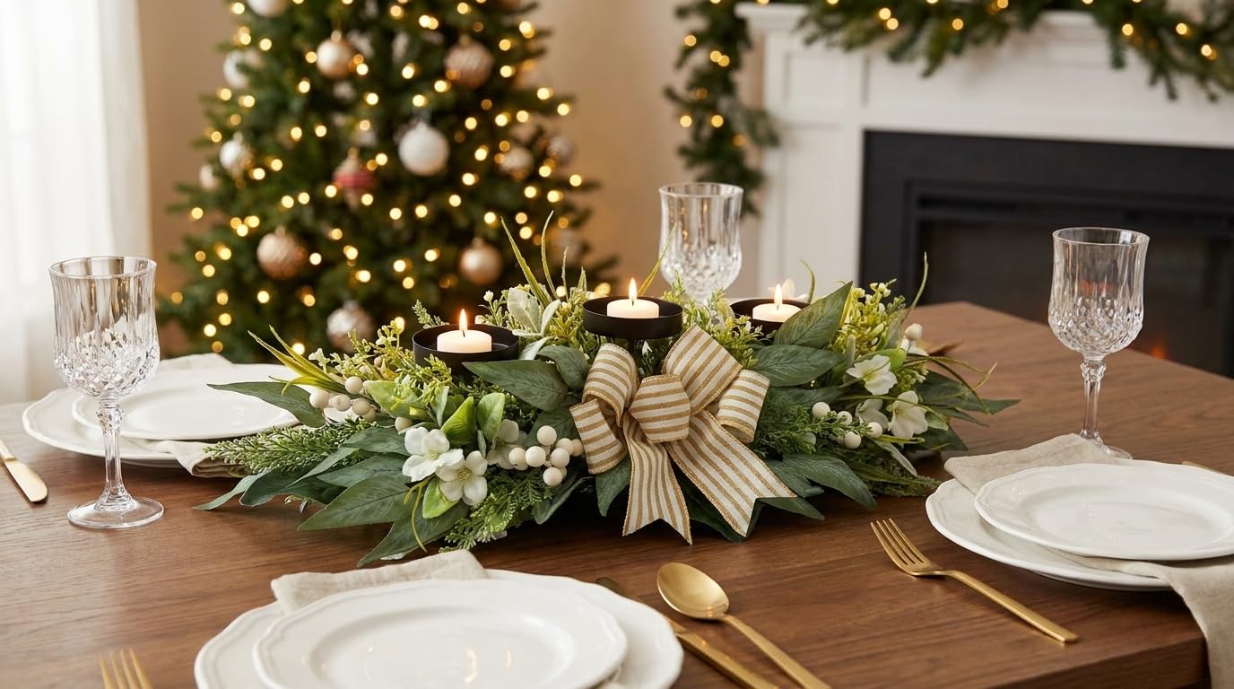 Candle Holder Centerpiece for Table,3 Wick Candle Holder with Artificial Gypsophila Flower,Artificial Eucalyptus Leaves Magnolia Holly Berries and Striped Bow for Table Centerpiece Decor,Dining Room