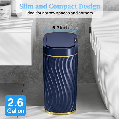 steo spce Bathroom Small Trash Can with Automatic Touchless Lid, 2.6 Gallon Smart Garbage Can Narrow Waterproof Trash Bin for Bedroom, Office, Living Room (Dark Blue)