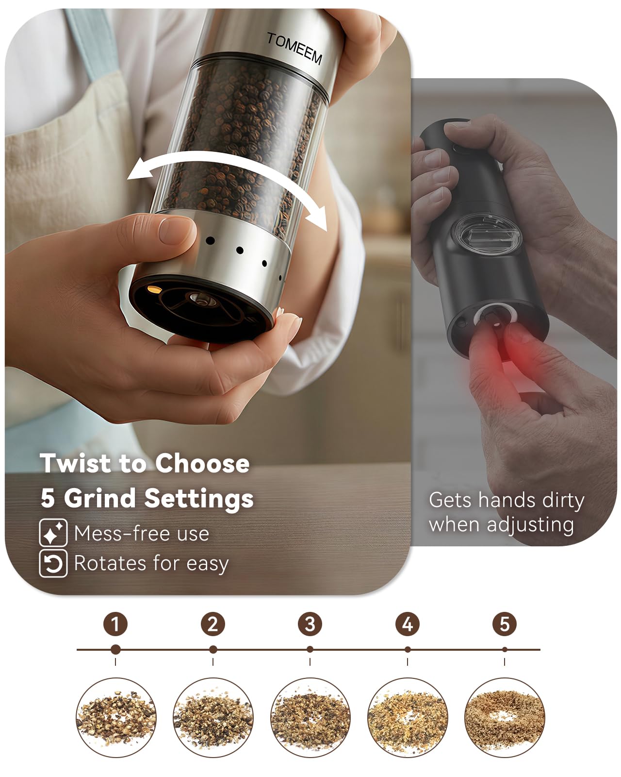 TOMEEM Rechargeable Electric Salt and Pepper Grinder Set, 115ml Large Capacity Stainless Steel Automatic Pepper Mill with Storage Base, LED Display and Light, 5 Adjustable Grind Settings