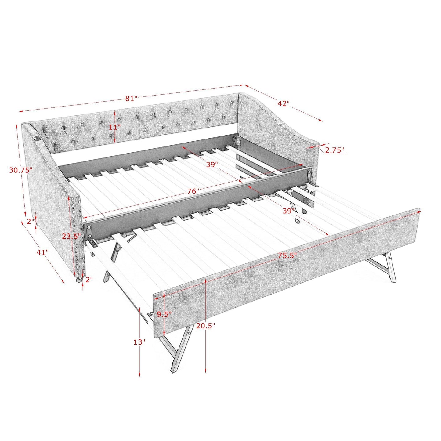 Ball & Cast Twin Size Upholstered Daybed with Pop Up Trundle & USB Port,Twin to King Daybed Frame with Button Tufted Backrest & Nailhead Trim Design, Extendable Trundle Bed,No Box Spring Neeed,Beige