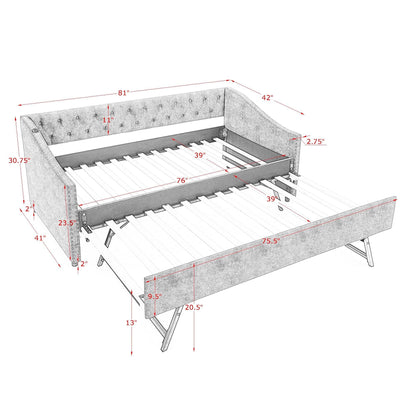 Ball & Cast Twin Size Upholstered Daybed with Pop Up Trundle & USB Port,Twin to King Daybed Frame with Button Tufted Backrest & Nailhead Trim Design, Extendable Trundle Bed,No Box Spring Neeed,Beige