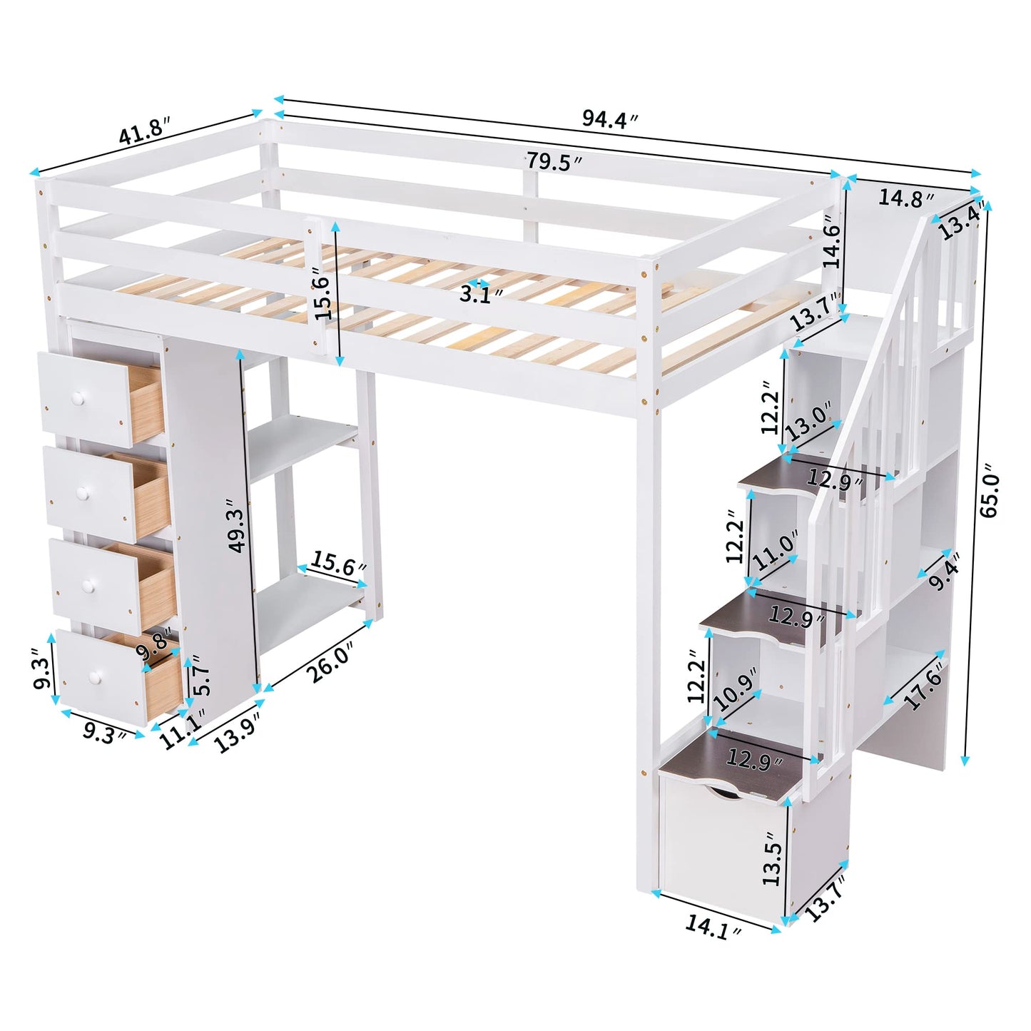 Merax Twin-Size Loft Bed with Storage Drawers and Stairs, Wooden Loft Bed with Shelves for Teens, White