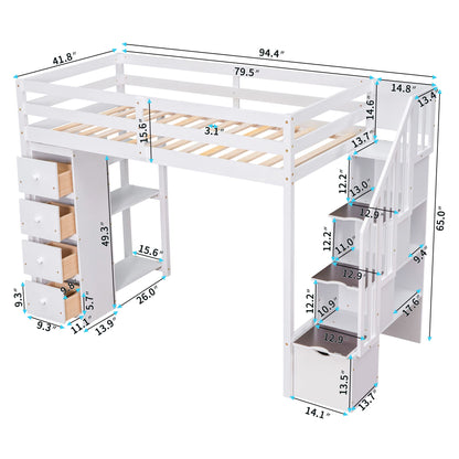 Merax Twin-Size Loft Bed with Storage Drawers and Stairs, Wooden Loft Bed with Shelves for Teens, White