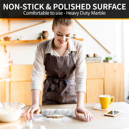 Kafoor 16.7 Inches Marble Rolling Pin for Baking with Wooden Handles & Wooden Cradle - Rolling Pin for making Pizza Dough & Tortillas, Dough Roller for Pasta, Cookie, Pie Crust and More!