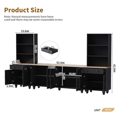 Farmhouse TV Stand with Tempered Glass Doors for TVs Up to 70", Versatile Sideboard with Adjustable Shelves, Elegant Buffet Cabinet with 5 Solid Wood Gourd-Shaped Legs for Living Room, Black