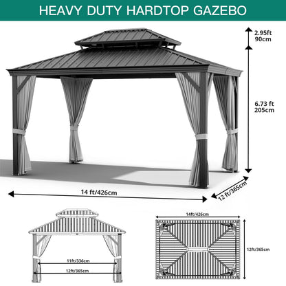 IDEALHOUSE 12x14 ft Hardtop Gazebo with Double Metal Roof, Permanent All-Weather Pavilion with Iron Frame, Netting and Privacy Curtains for Patio, Garden, Black & Gray