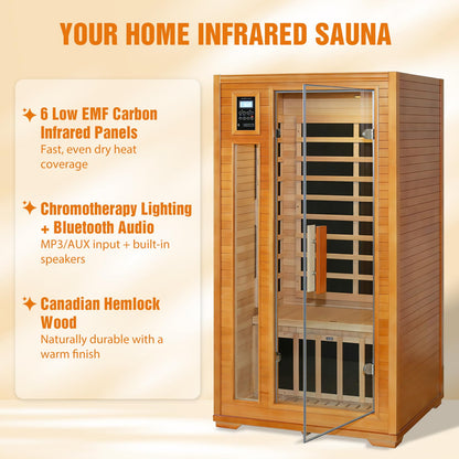 EAGLE PEAK 1-2 Person Low EMF Far Infrared Sauna, Red Light and Chromotherapy Lighting, Bluetooth Speakers, USB Port, Indoor Dry Heat Sauna, Canadian Hemlock Wood, Brown
