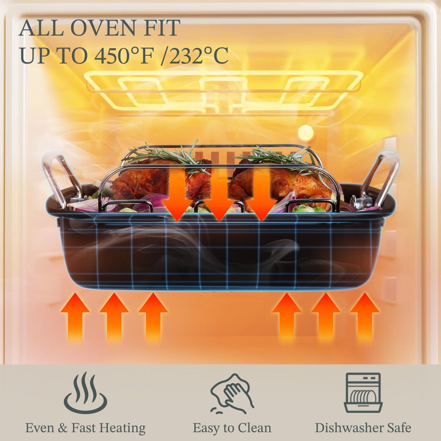 KITESSENSU Large Roasting Pan with Rack - 25 LB Nonstick Turkey Roaster Pan for Oven - Heavy Duty Carbon Steel Roasting Pan with Wider Handles for Chicken, Vegetables & Holiday Meals, Cream