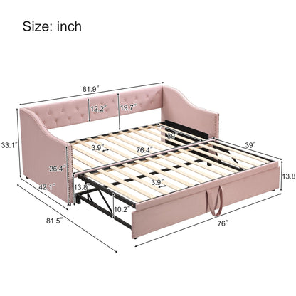 Merax Twin Size Upholstered Velvet Daybed with Pop Up Trundle, Multi-Functional Sofa Bed with Backrest and Two Armrest for Kids Room, Guest Room, Living Room,Pink