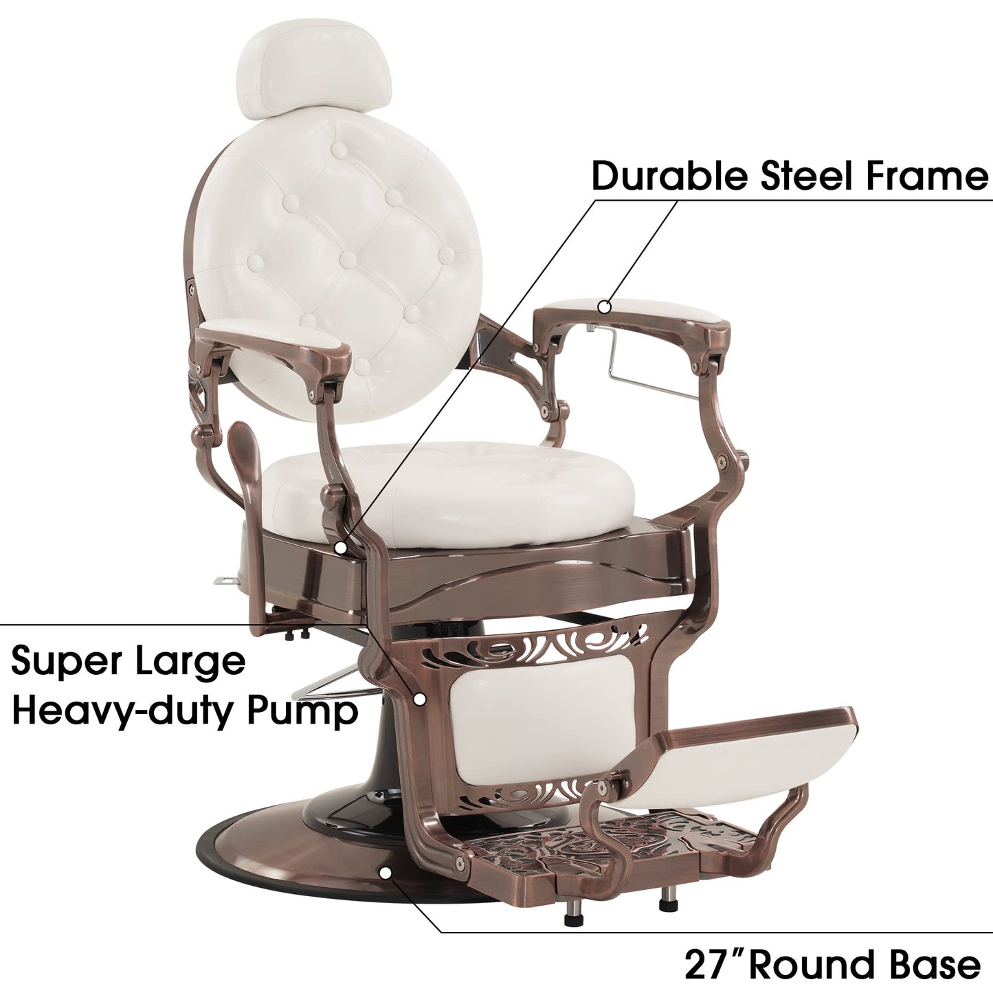 BarberPub Heavy Duty Metal Vintage Barber Chair All Purpose Hydraulic Recline Salon Beauty Spa Chair Styling Equipment 8914 (White with Reddish Bronze Frame)