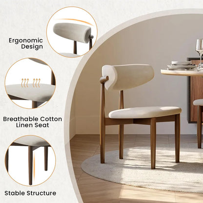 POVISON Modern Dining Chairs Set of 2, Armless Cotton Linen Dining Chair with Sackcloth Cushions and Dark Walnut-Coloured Ash Wood, Pre-Assembled Design