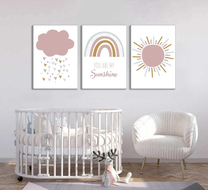 3 Pcs Boho Nursery Canvas Wall Art You Are My Sunshine Pink Sun Rainbow Cloud Painting Pictures Wall Decor Poster Print