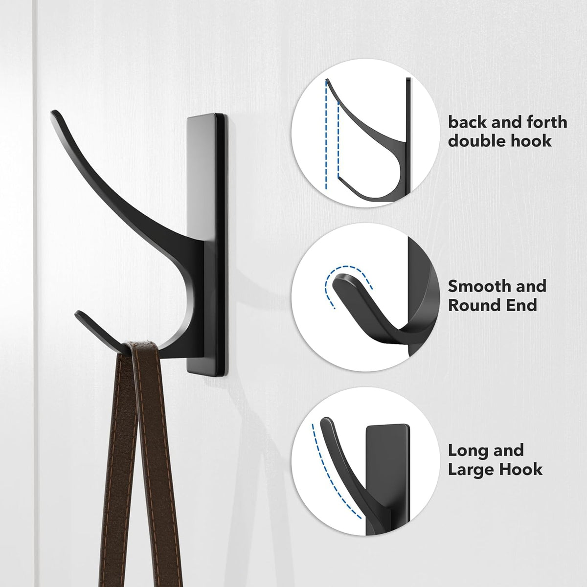 Pickpiff 10 Pack Matt Black Self-Adhesive Coat Hooks - 13LB Strong Stainless Wall Hooks for Towel, Backpack, Hat