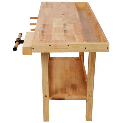 ABH 48 Inches Wood Workbench Heavy Duty Woodworking Table with Adjustable Handle Storage Shelf, 330lbs Capacity Solid Wood Workstation for Garage, Workshop, Improvement (Natural)