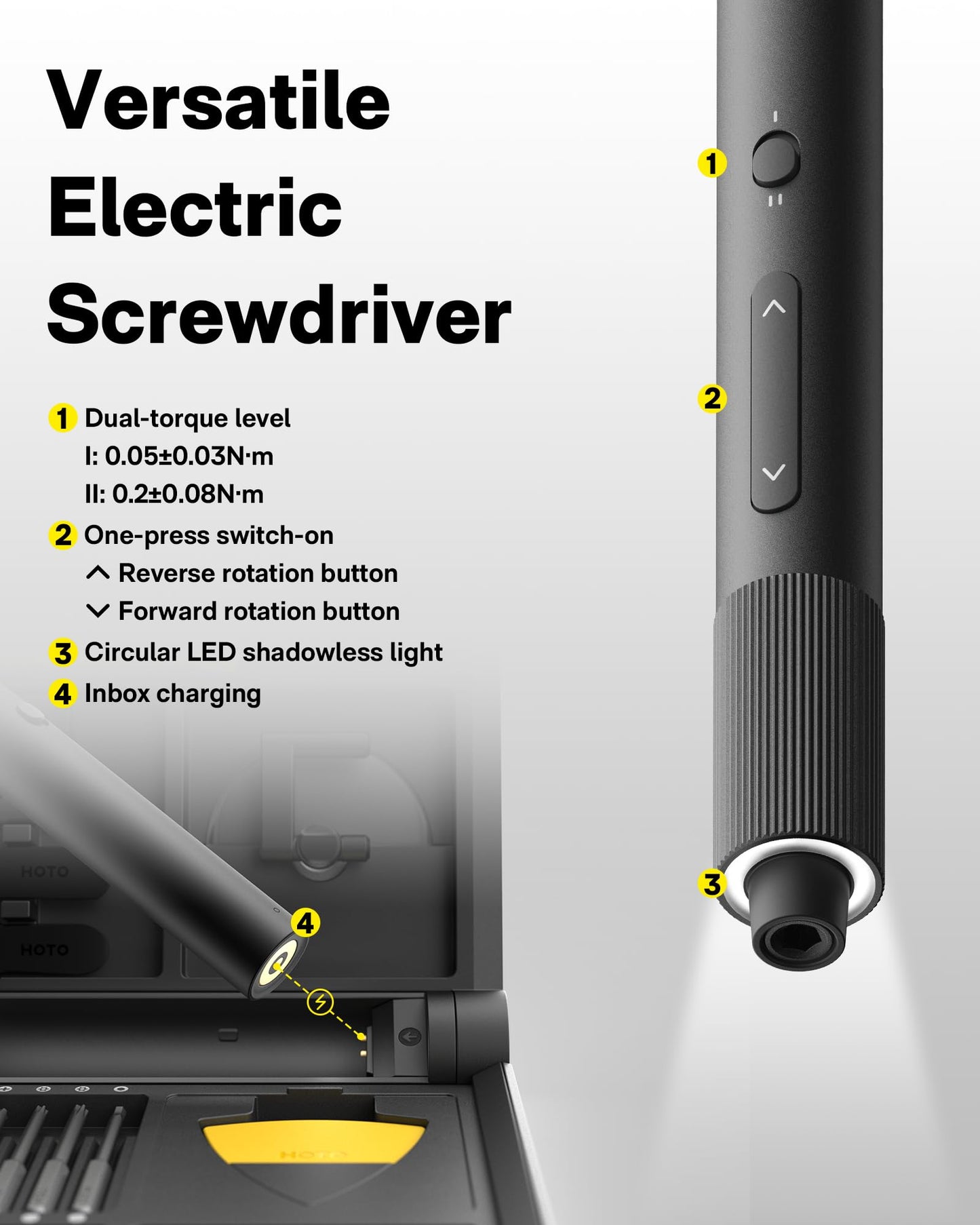HOTO Electric Precision Screwdriver Set, 48 in 1 Electronics Tool Kit, Magnetic Bits & Box, LED Light & 2 Torque Settings, Mini Screwdriver Set for Eyeglasses, Watches, Phones, Laptops, Cameras Repair