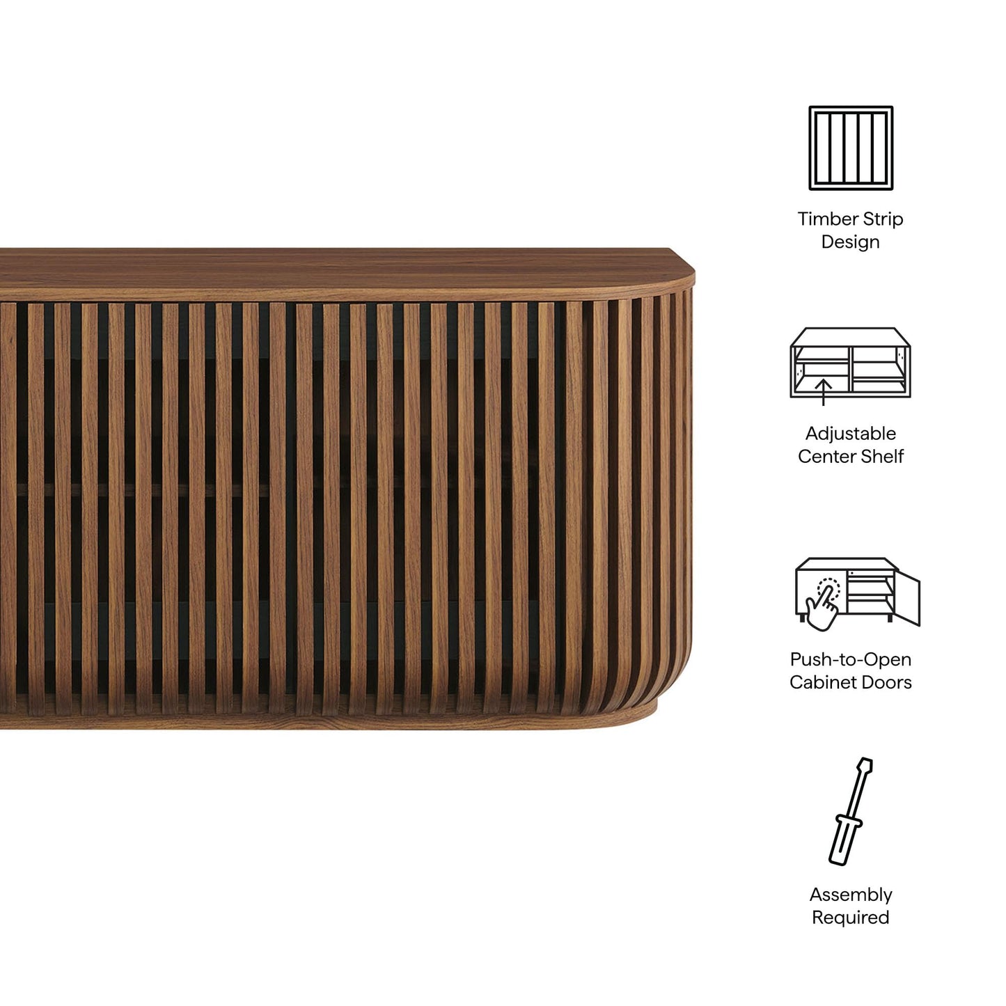 Modway Fortitude 75" Fluted Curved Sideboard Buffet with 4 Doors in Walnut – Modern Media Console TV Stand with Adjustable Shelves and Cable Management – Office Credenza Storage Cabinet