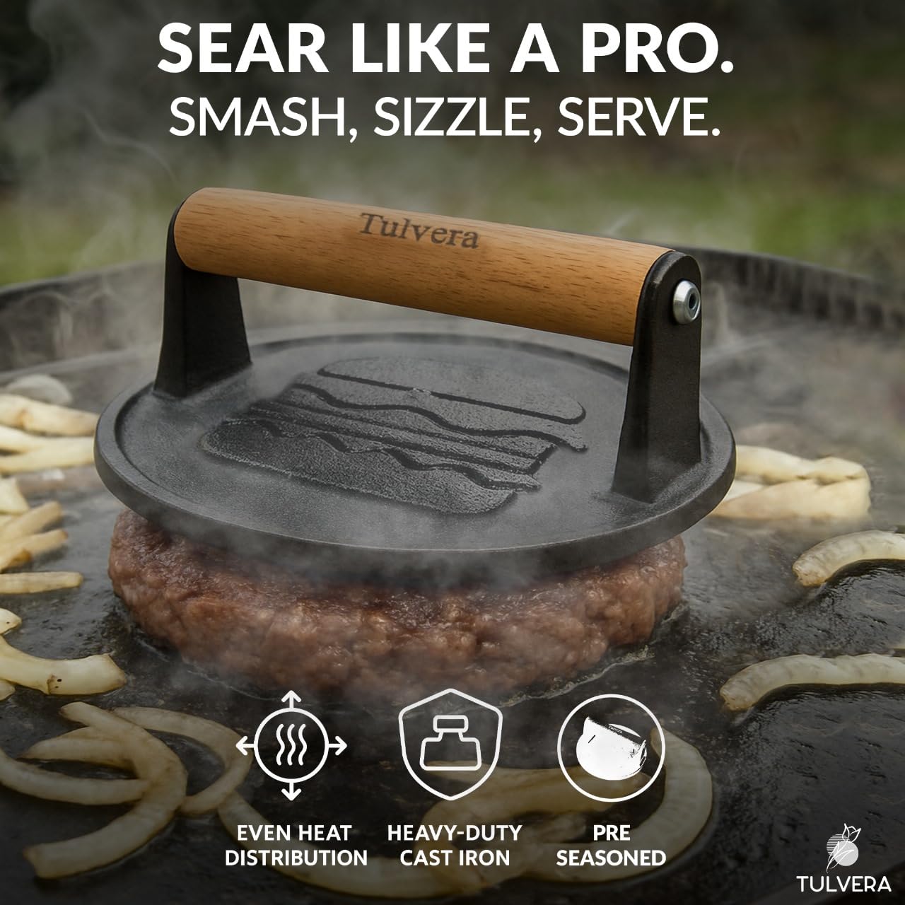 Tulvera Smash Burger Press | Cast Iron Hamburger Smasher Tool | Flat-Edge Meat Press for Hamburgers, Bacon, Outdoor Kitchen | Griddle & Grilling Accessories | Pre-Seasoned | 6.1”