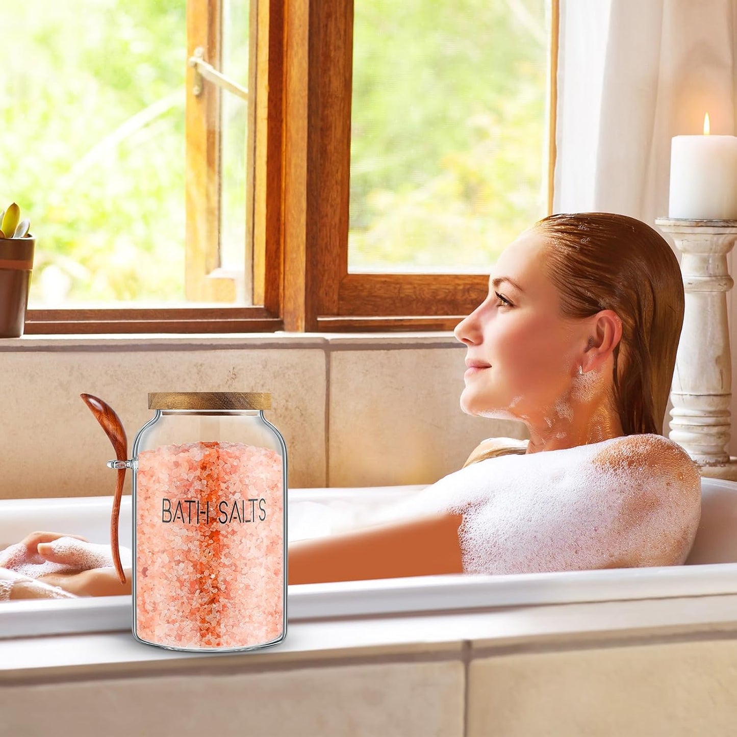 1 94 oz SiliFine Piece Bath Salts Glass Jar with Wooden Lid, Bath Salt Container with Scoop, Airtight Storage Bathtub