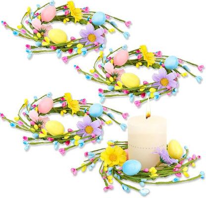 Jansun Easter Candle Rings - 4 Pcs Mini Wreaths with Pink & Blue Eggs | Perfect for Table Centerpieces