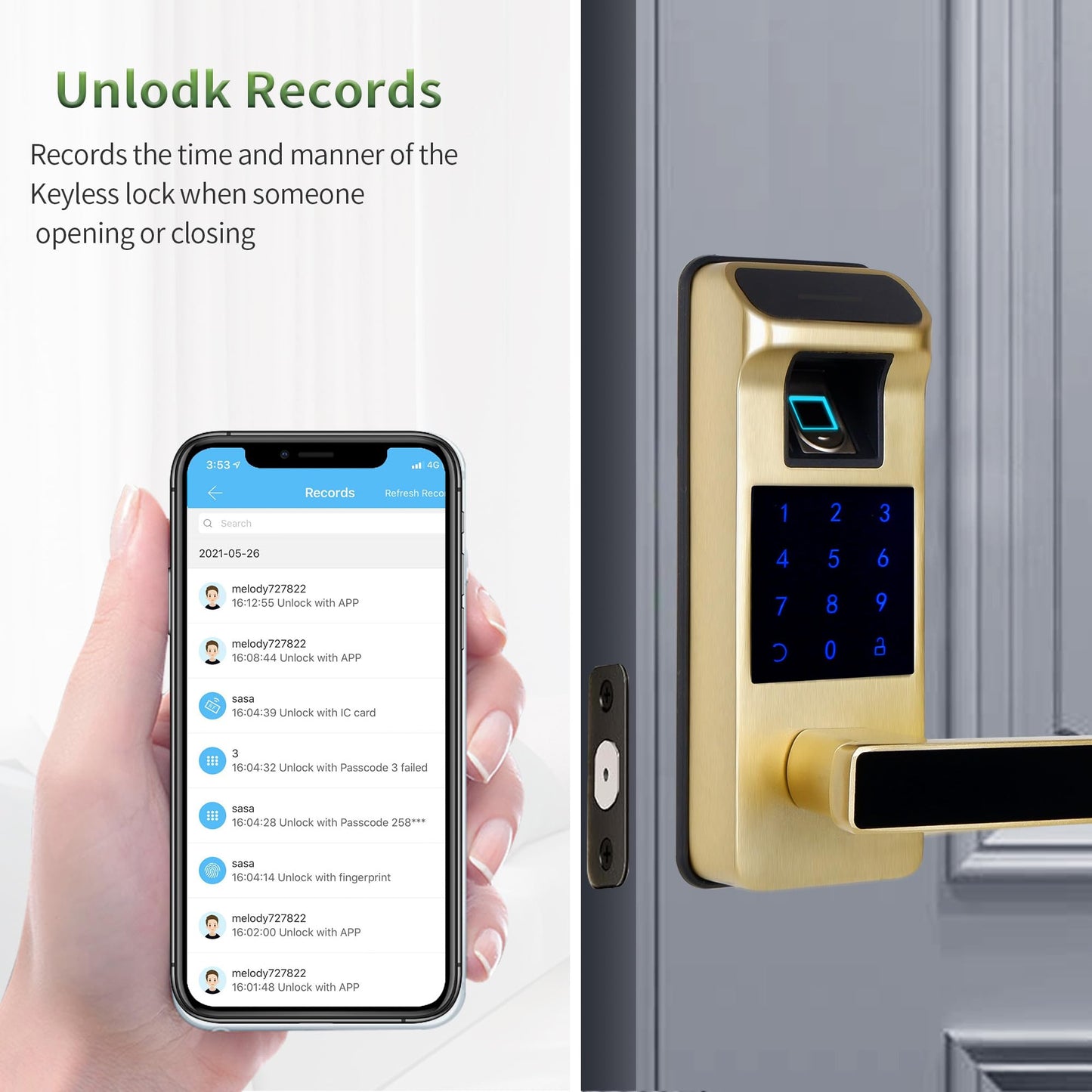 Harfo Smart Door Lock, Heavy Duty 5 in 1 Keyless Entry Door Lock, Full App Control Digital Keypad Lock, Reversible Handle with Fingerprints and Passcodes for Family/Office/Apartment (Gold)