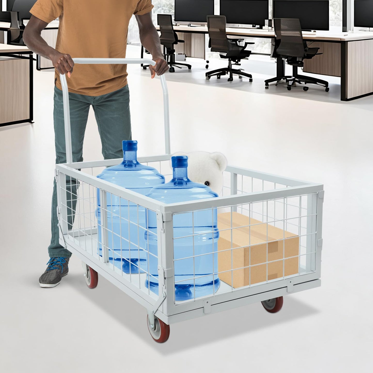 Platform Truck Cart, 4-in-1 Heavy Duty Flatbed Dolly with Detachable Wire Cage, Folding Utility Push Cart with 360° Swivel Casters, Steel Rolling Trolley for Warehouse Garage Transport Moving