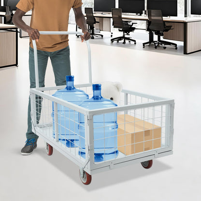 Platform Truck Cart, 4-in-1 Heavy Duty Flatbed Dolly with Detachable Wire Cage, Folding Utility Push Cart with 360° Swivel Casters, Steel Rolling Trolley for Warehouse Garage Transport Moving