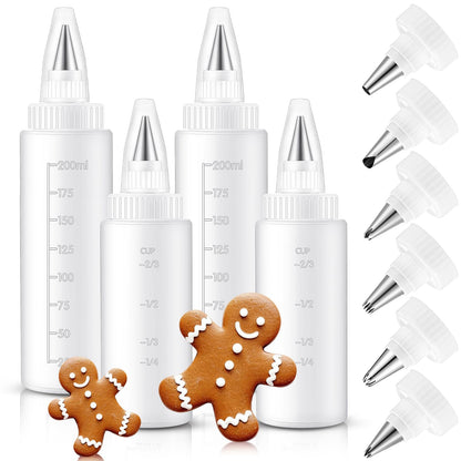 LemonRoad 4 Pcs Piping Bottles for Icing Cookie Decorating Supplies Plastic Squeeze Bottles with 6 Different Piping Tips for Cookie Icing Kit Pancake Squeezing Applicator Writer(8 Oz，4 oz)