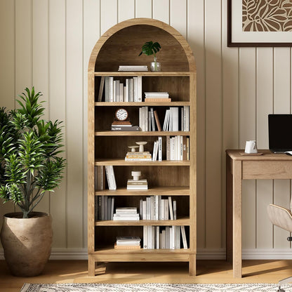 71" Tall Farmhouse Arched Display Cabinet with Adjustable Shelves, 7 Tier Arched Bathroom Storage Cabinet Bookshelf Bookcase Food Pantry Shoe Closet Shelf Organizer for Living Room Entryway Hallway