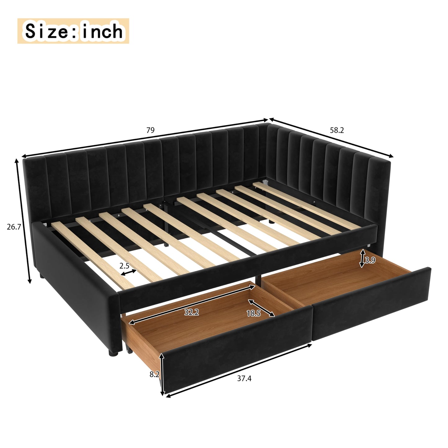 KEIKI Full Size Upholstered Daybed with Storage Drawers, L-Shaped Corner Bed Frame with Velvet Headboard, Modern Space-Saving Captain’s Bed for Living Room or Guest Room, Black