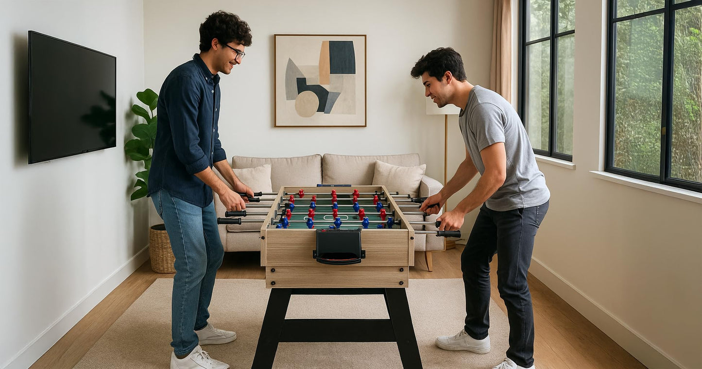 KICK Quatro 55" 4-in-1 Multi Game Table (Brown) – Foosball, Billiards/Pool, Push Hockey & Ping Pong
